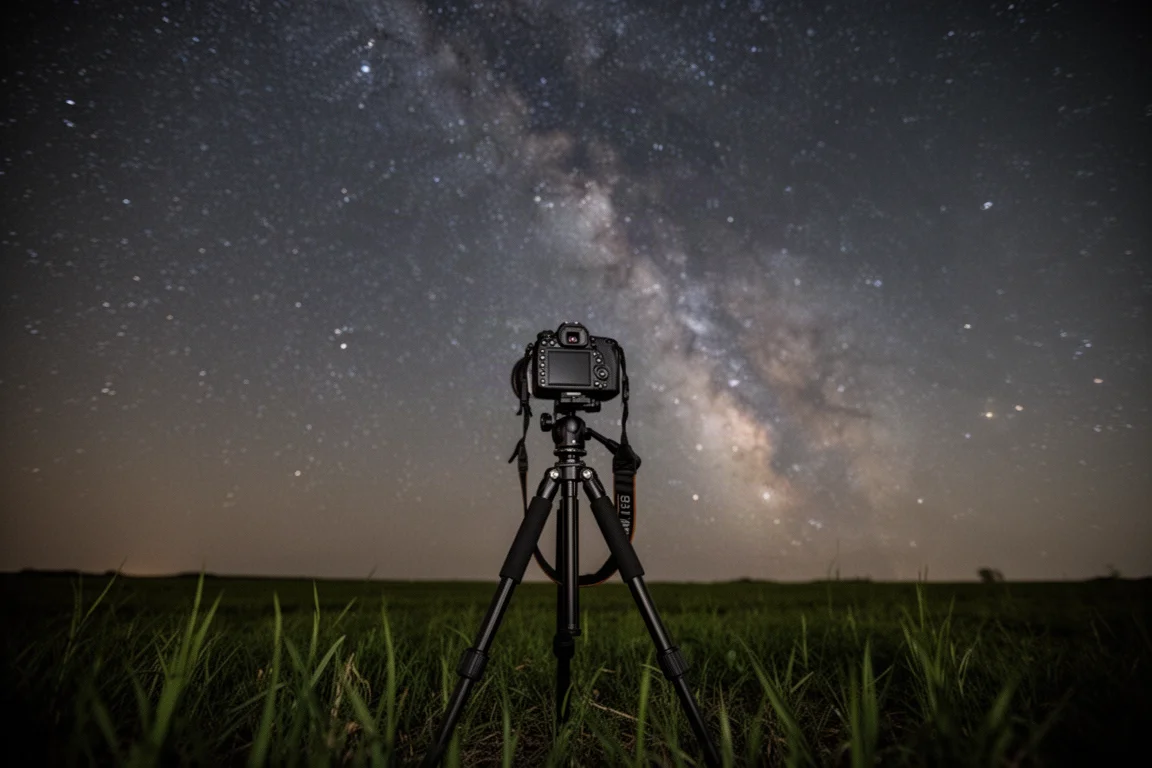 Camera on a tripod aimed at the night sky for long-exposure astrophotography