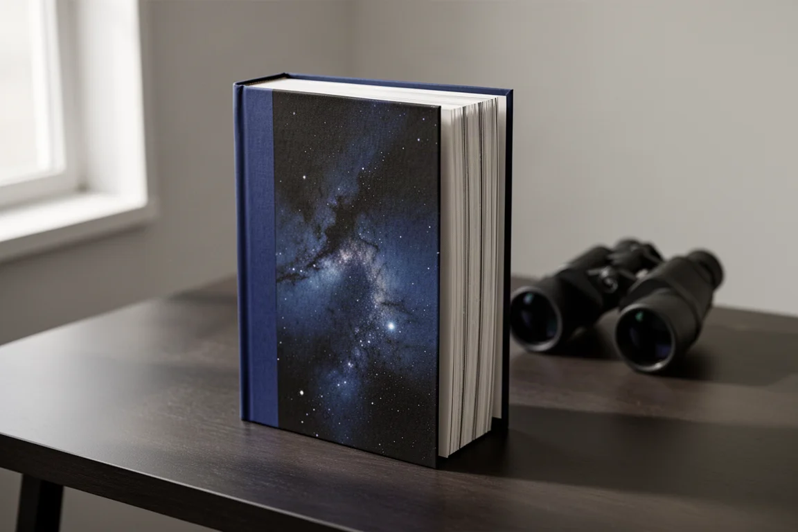Hardcover astronomy reference book on a dark wooden desk beside a star chart