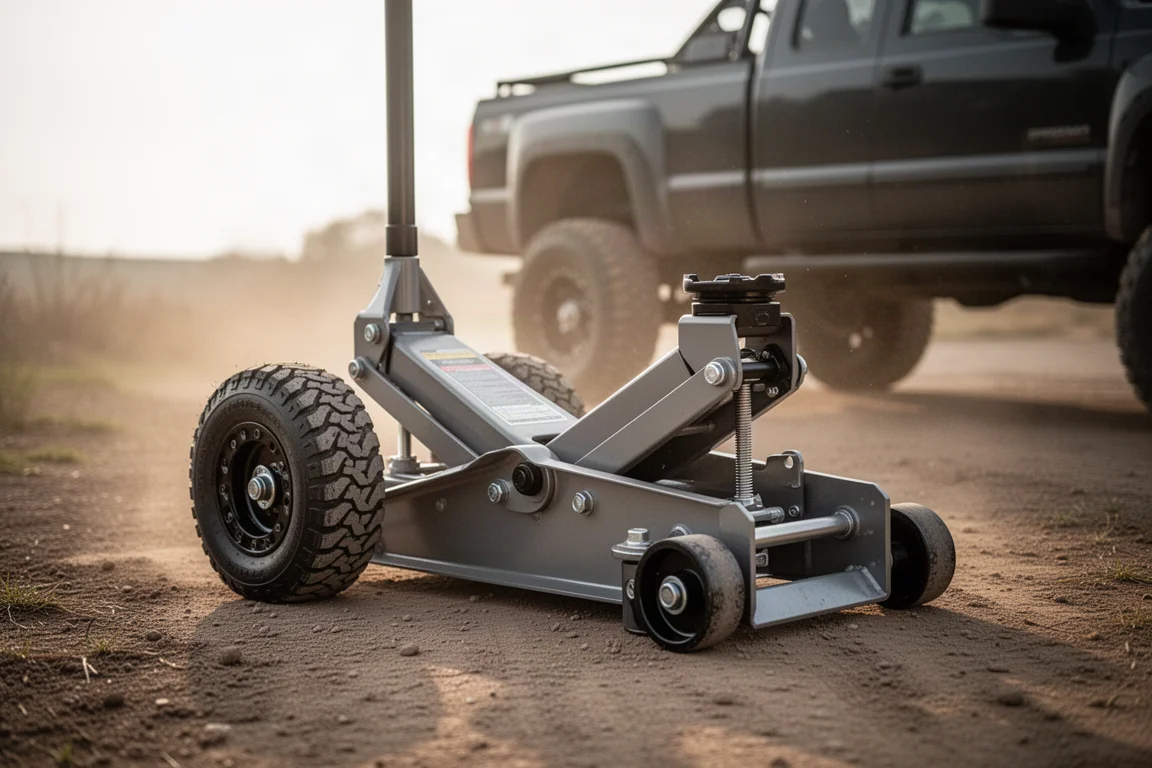 Off-Road-Wagenheber mit massiven Rädern auf einer rauen Schottereinfahrt