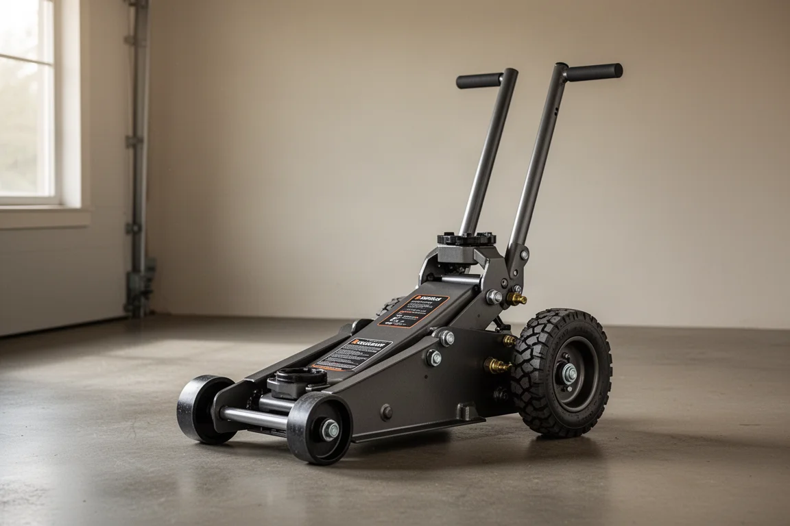 Heavy-duty off-road floor jack with solid wheels on a concrete garage floor