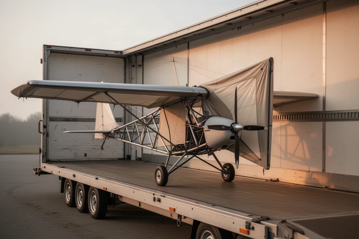 Ultralight-vliegtuig met ingeklapte vleugels voor opslag in een aanhangwagen