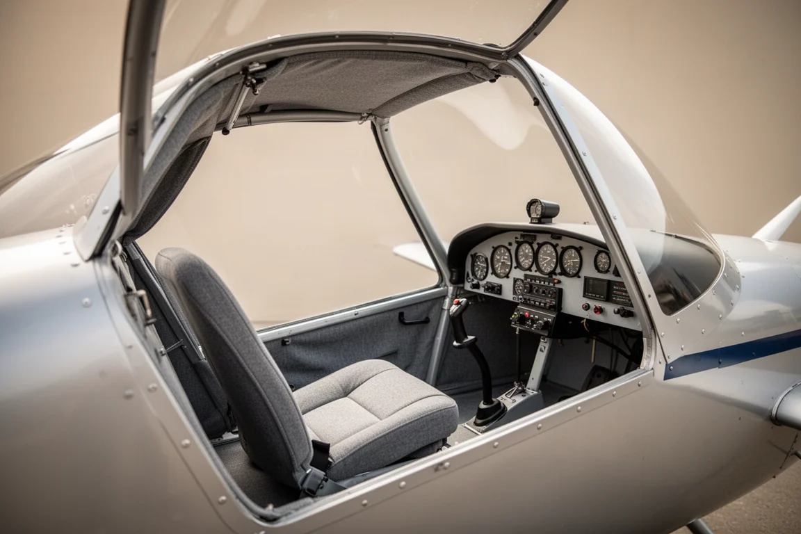 Interieur van een ultralight-cockpit met zichtbare beenruimte voor lange piloten