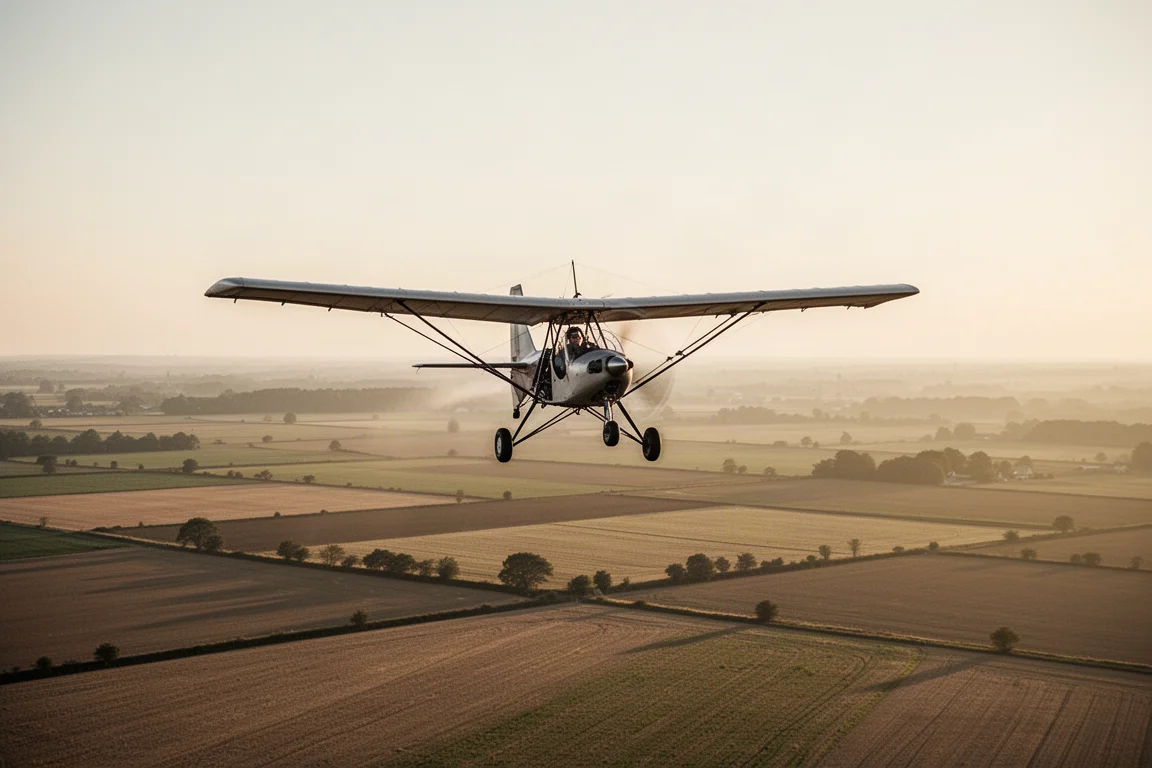 Ultralight-vliegtuig laag over velden in gouden avondlicht