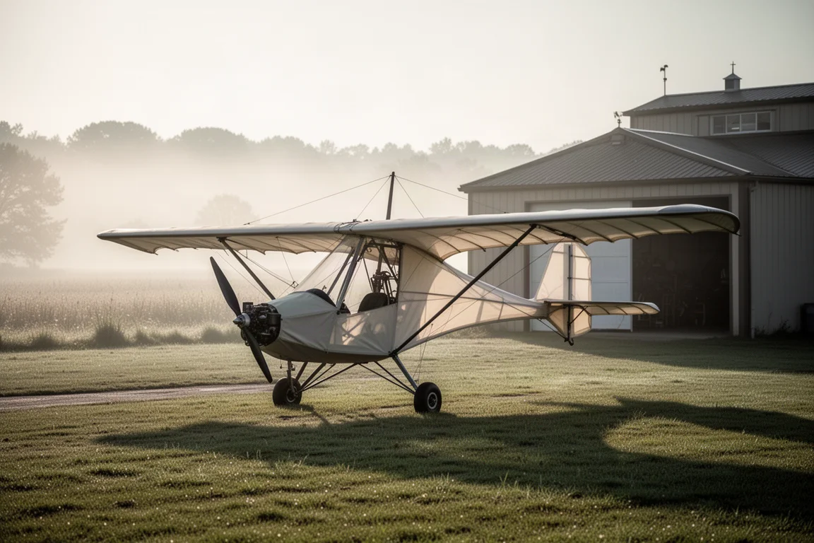 Aéronef ultraléger entoilé stationné sur une bande en herbe dans un aérodrome rural