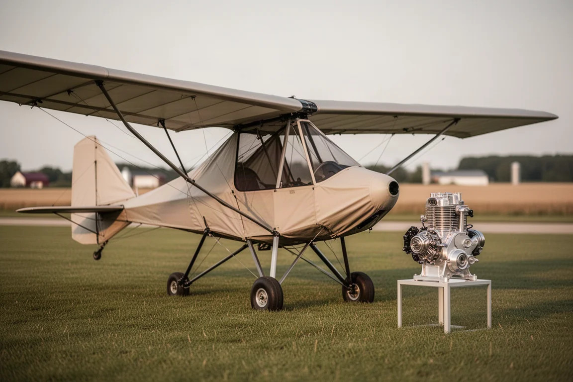 Aereo ultraleggero in tessuto su una pista erbaccia accanto a un compatto motore a quattro tempi