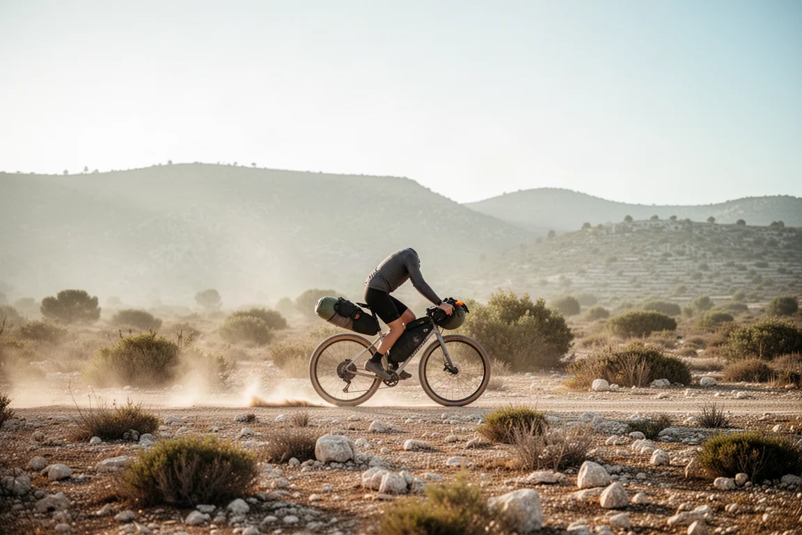 Gravel cyclist riding a loaded bike across dry rocky terrain in heat haze