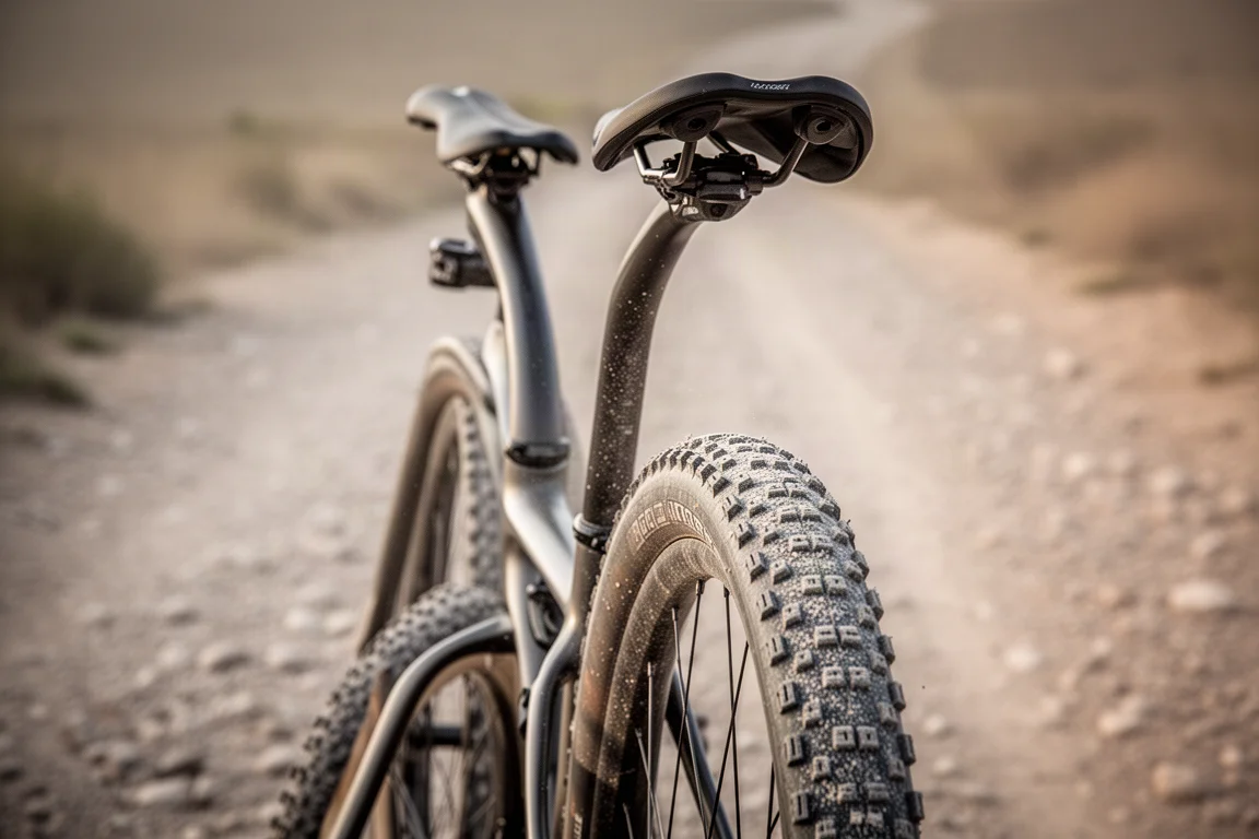 Detail of gravel bike rear with saddle, seatpost and knobby rear tire