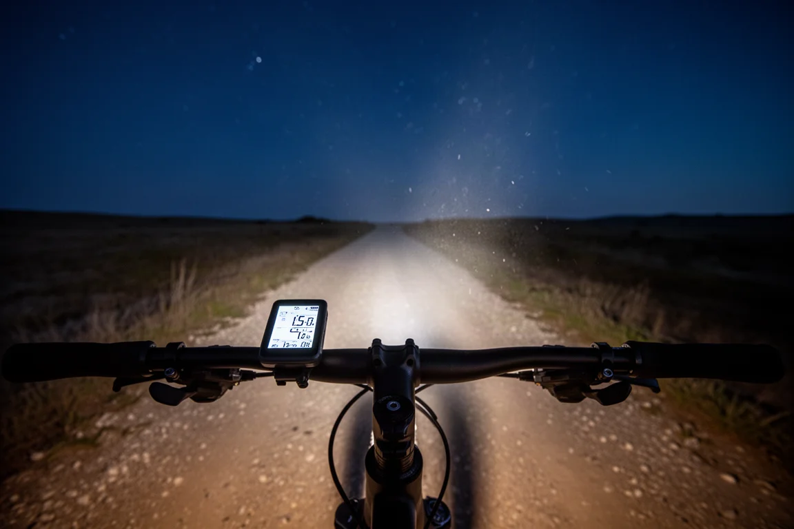 Bike computer and headlight beam on a gravel track at night