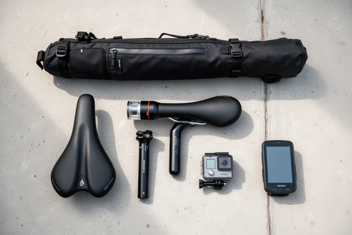 Overhead flat-lay of bikepacking gear on a concrete surface