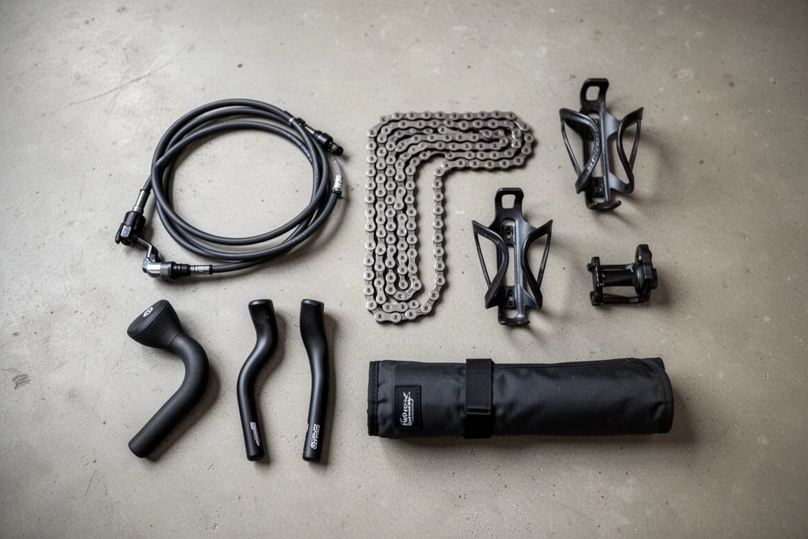 Flat-lay of bike build parts including brake hose, bottle cages and bar extensions