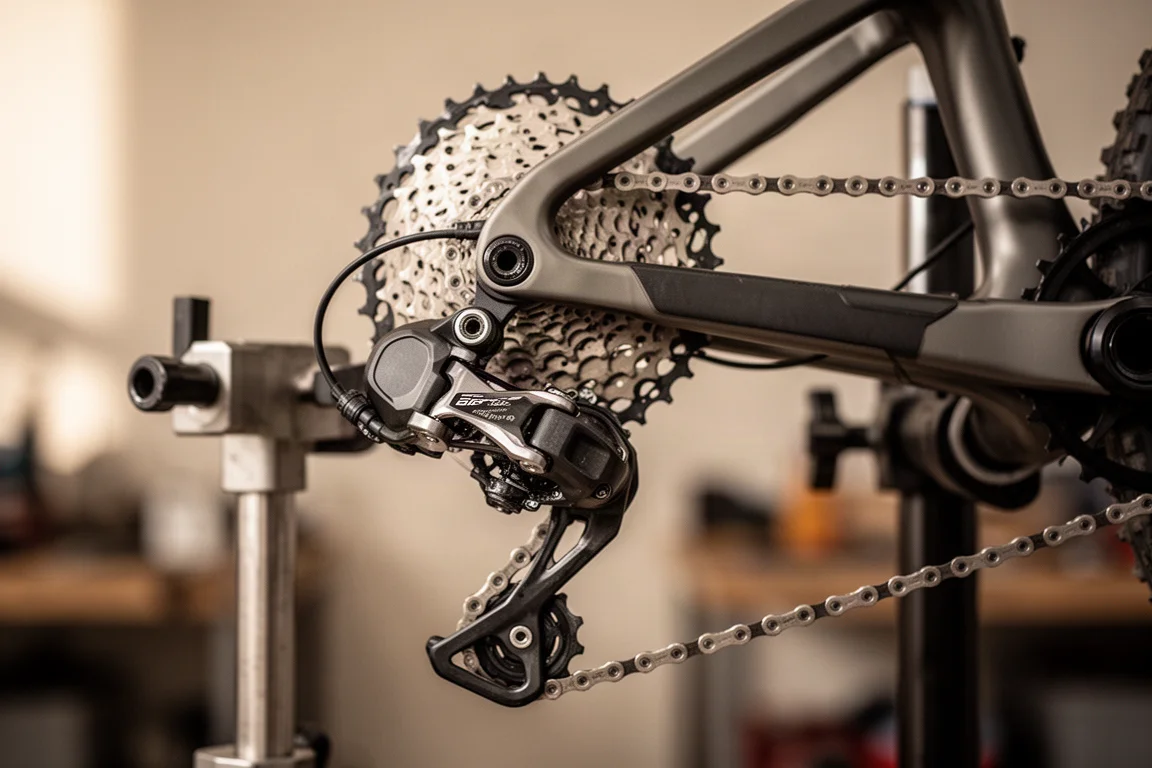 Close-up of a wireless rear derailleur and chain on a bike in a workshop