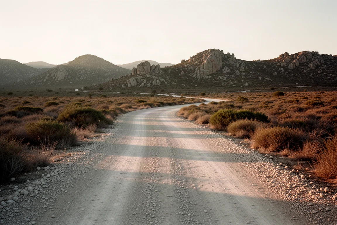Pale gravel track curving through dry scrubland at dawn with long shadows