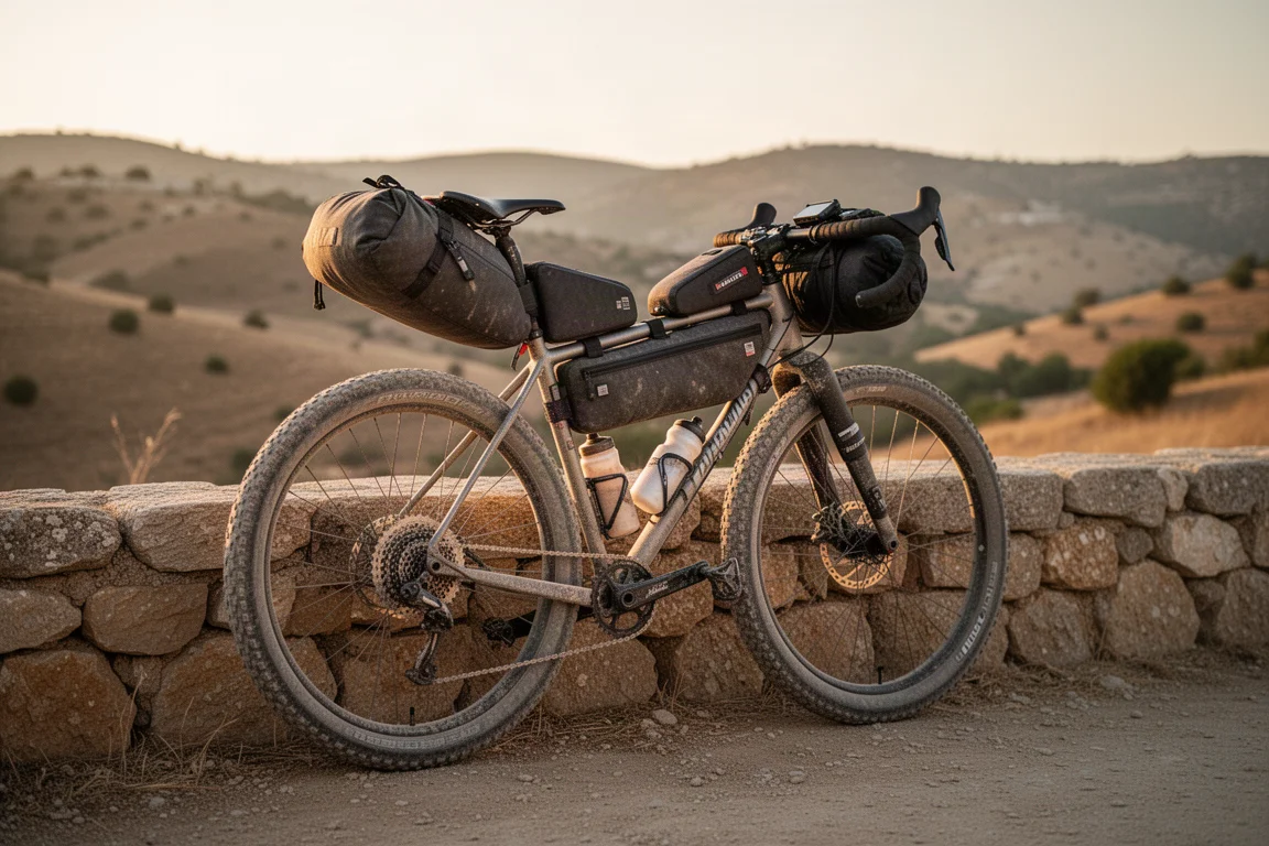 Loaded bikepacking bike leaning on a stone wall at golden hour in dry hills