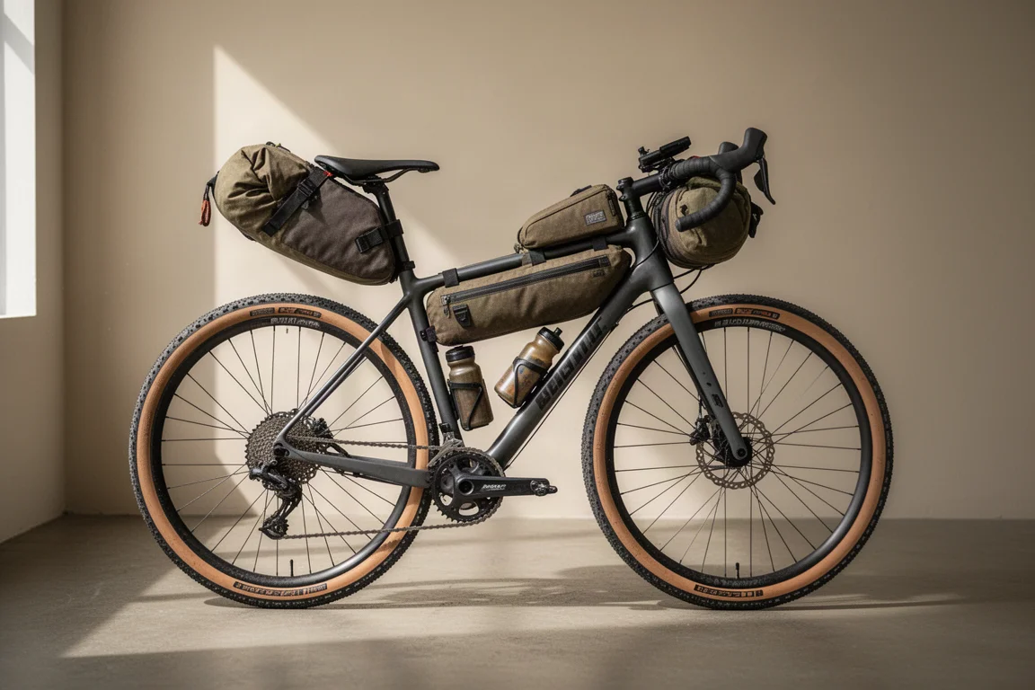 コンクリート面に置かれた、ウルトラディスタンスのバイクパッキング用にフル装備したカーボングラベルバイク