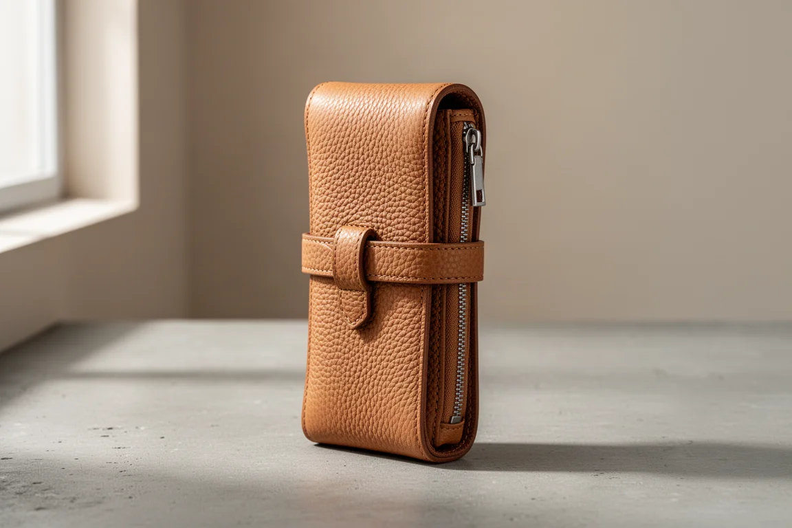 Pen case a rotolo in pelle marrone chiaro con chiusura a cintura in piedi su una superficie in cemento
