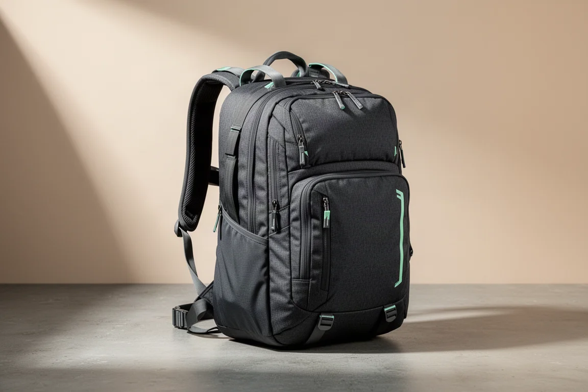 Zaino da viaggio Bagsmart Blast Pro 40L grigio antracite in piedi su una superficie di cemento