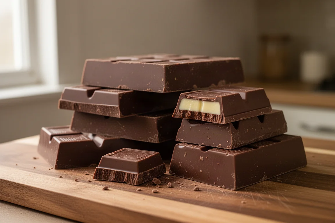 Blocks of dark chocolate being broken on a wooden work surface