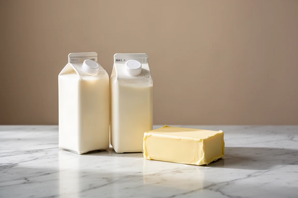 Cartons of fresh cream and butter arranged on a marble kitchen counter