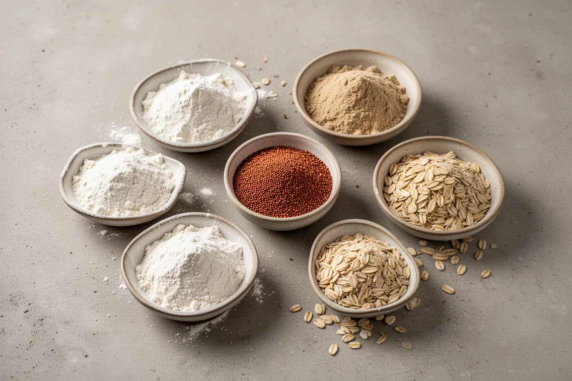 Assorted gluten-free flours in open bowls on a concrete surface