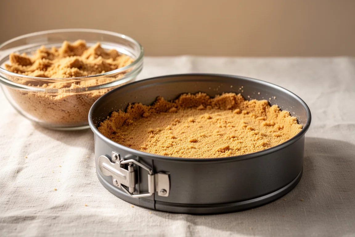 Cheesecake base being pressed from crushed biscuits in a springform tin