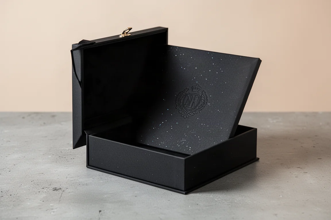 Elegante cofanetto nero con logo in rilievo aperto su una scrivania