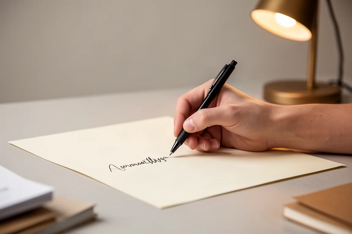 Mano che scrive fluidamente su carta color crema con una penna a sfera nera