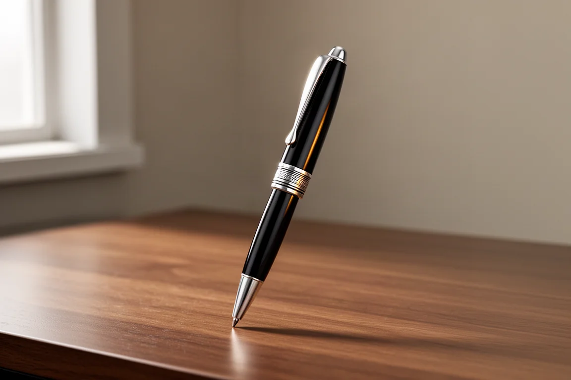 Baldmann Tango Ring Black ballpoint pen on a brushed wood desk