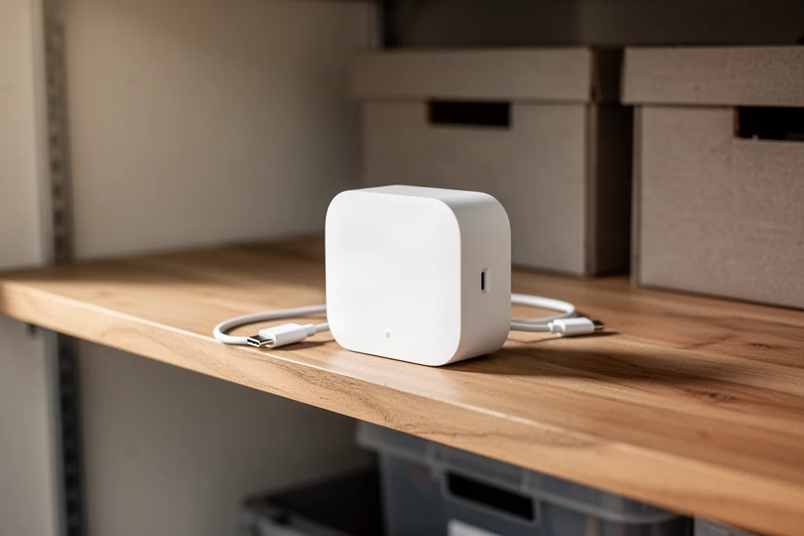 Smart hub compatto e cavo USB-C su una mensola del garage