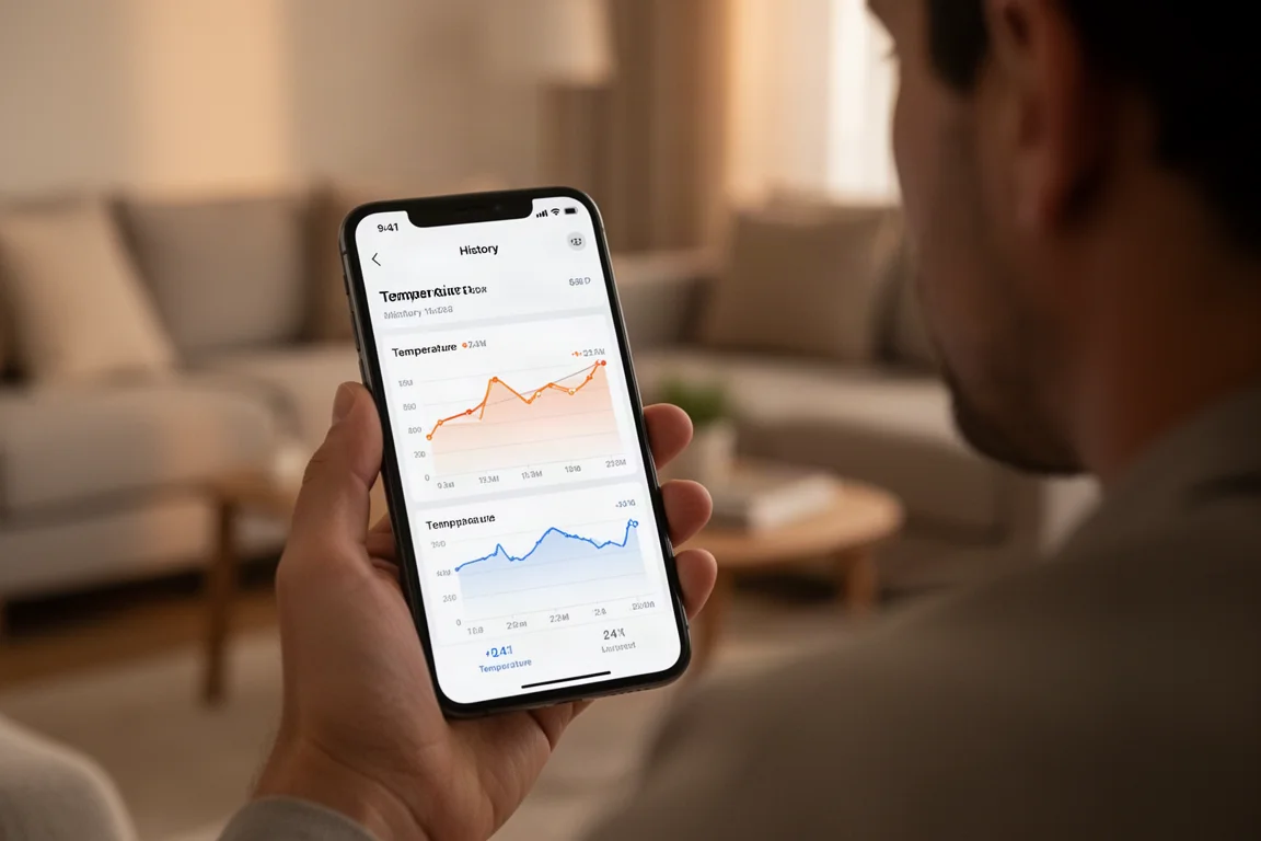 Schermata dello smartphone con i grafici della temperatura e una casa accogliente sullo sfondo