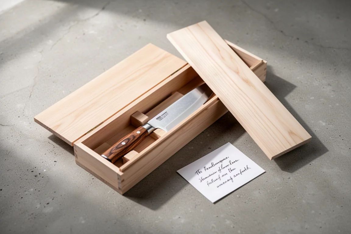 Handmade chef knife presented in a traditional paulownia-style wooden gift box