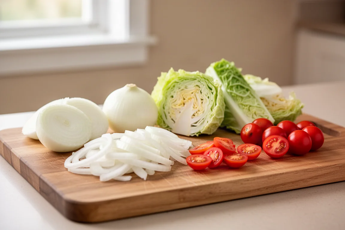Sliced onions and vegetables on a wooden cutting board after prep work