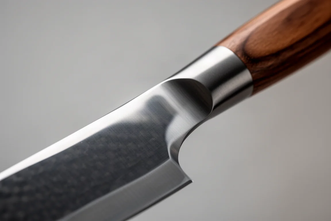 Close-up of a polished knife spine and finger choil on a carbon steel blade