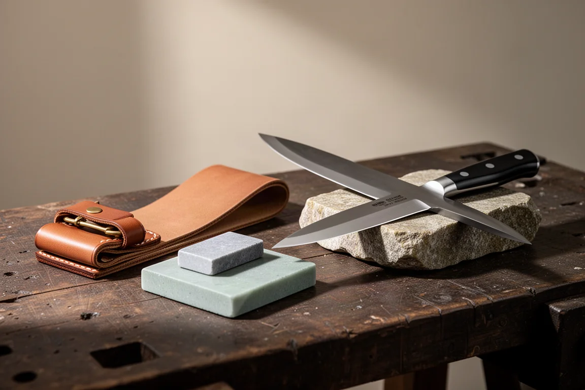Leather strop and sharpening stones on a workbench beside a kitchen knife