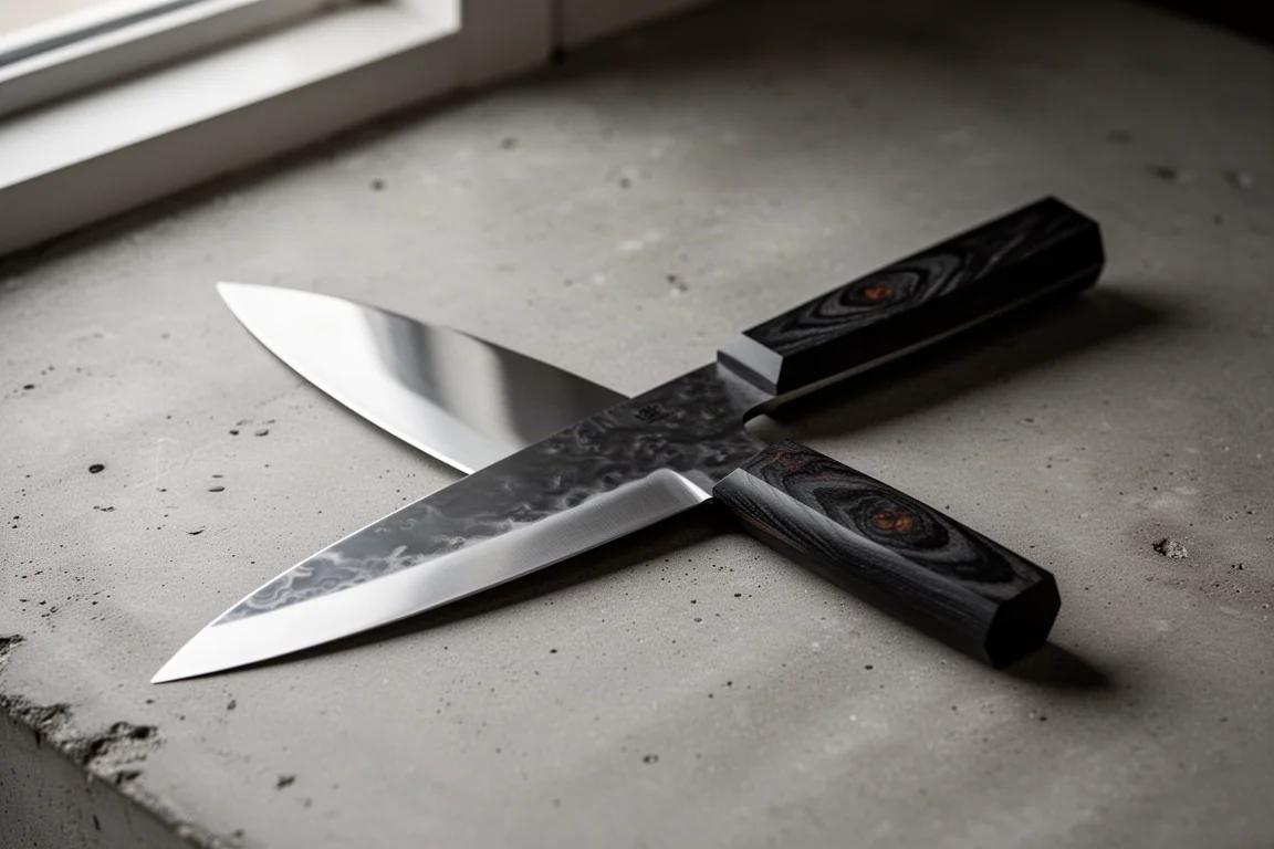 Handcrafted gyuto knife with polished carbon steel blade and dark wooden handle on a concrete surface