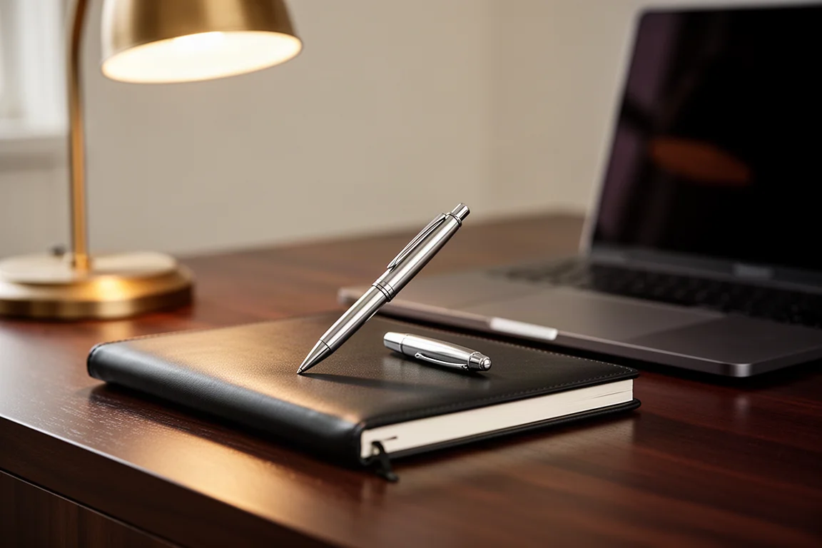 Caneta profissional repousando ao lado de um caderno de couro em um ambiente de escritório