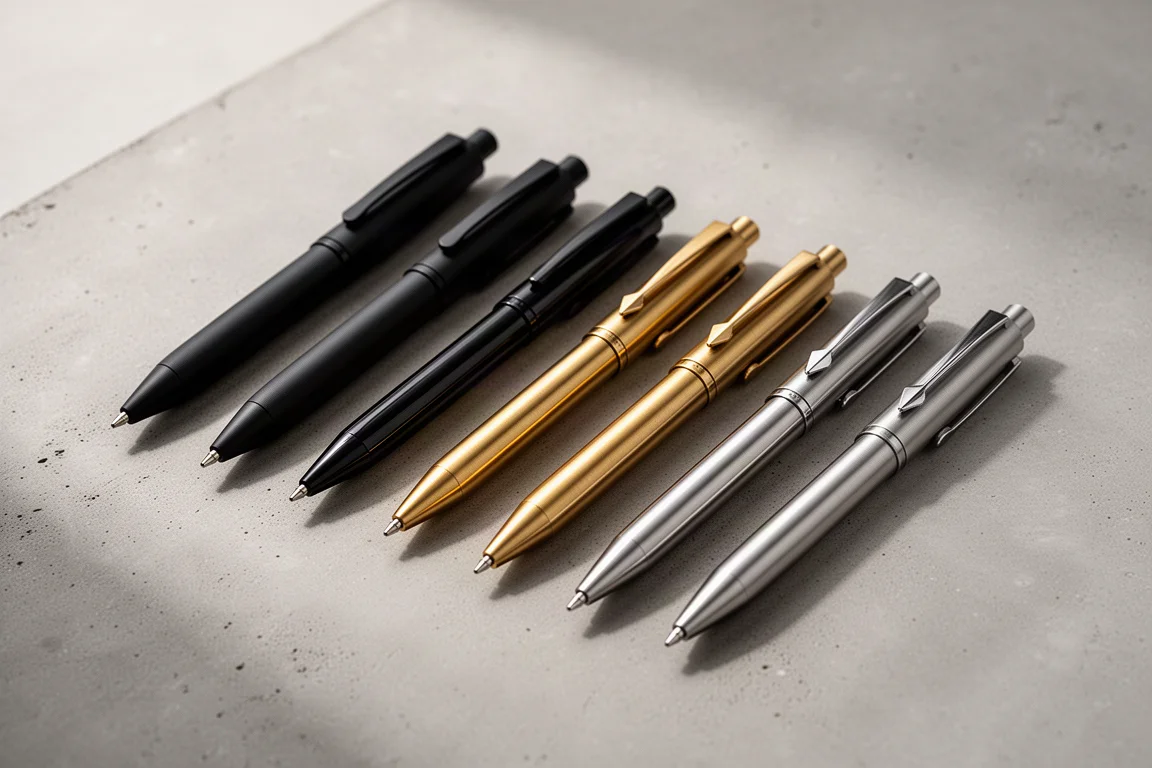 Nine ballpoint and gel pens arranged in a row on a matte concrete surface