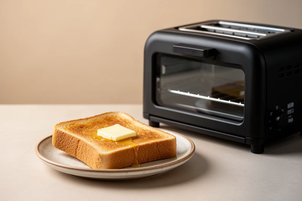 Goldbrauner Toast mit zerlaufender Butter auf einem kleinen Teller neben einem kompakten Toaster-Ofen