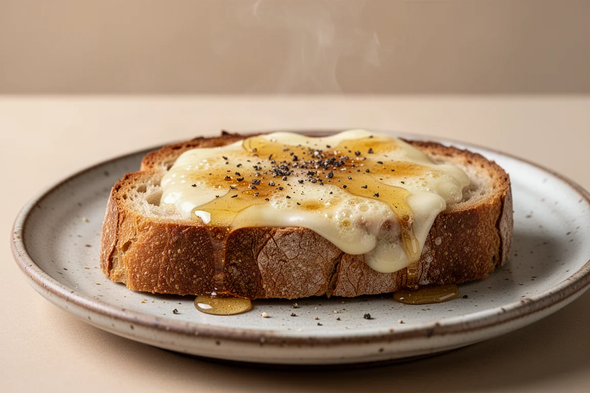 Käse blubbert und wird auf einer dicken Scheibe Sauerteig-Toast goldbraun