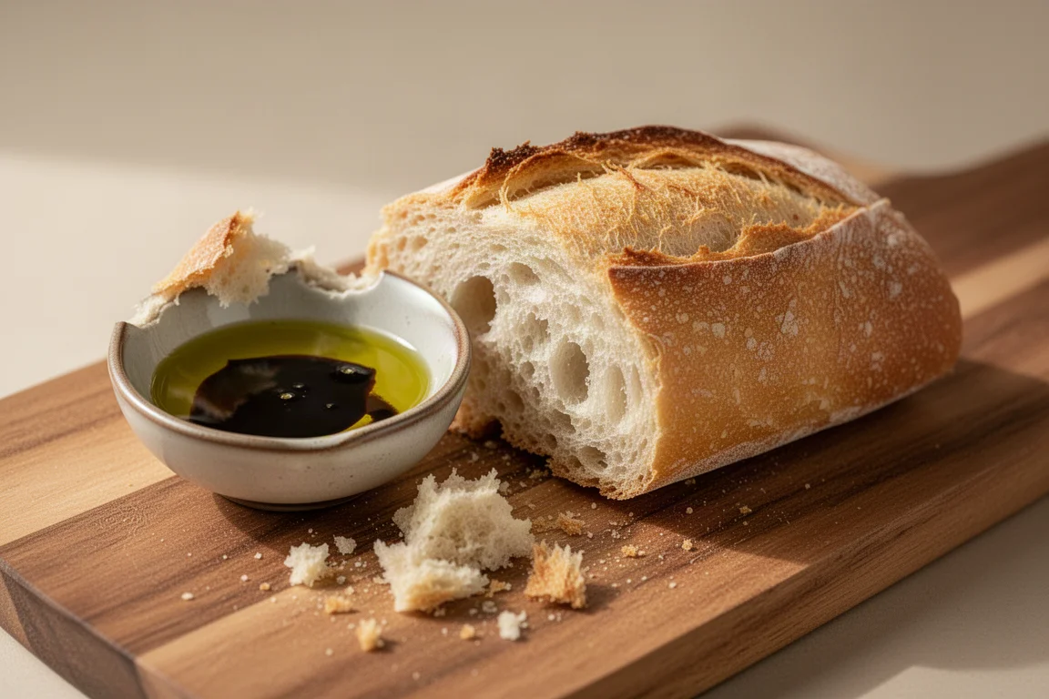 Frisch aufgewärmte Baguettescheiben auf einem Brett mit Olivenöl und Balsamico-Dip