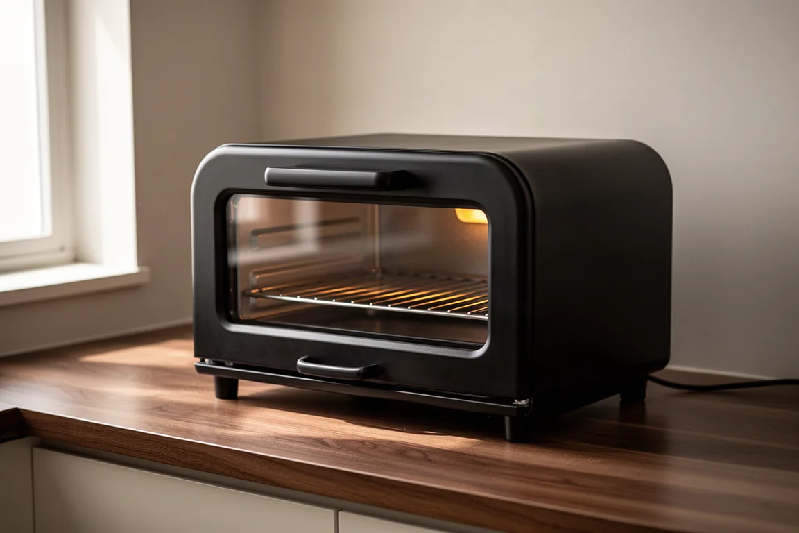 Compact matte black Balmuda Steam Toaster on a brushed wood kitchen counter