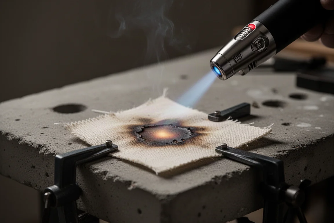 Plasma-aansteker tegen een stofmonster gehouden dat ontsteking weerstaat