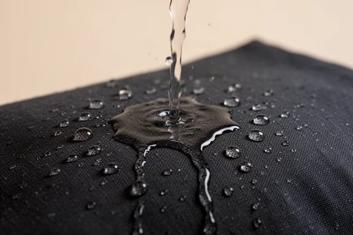 Waterparels die van behandeld werkkledingstof afrollen