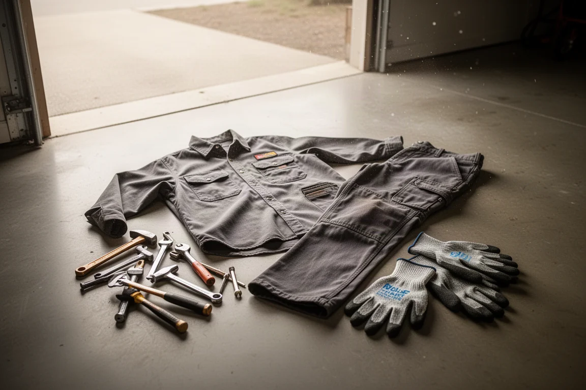 Werkshirt en broek uitgespreid op een garageruimtevloer met gereedschap erbij
