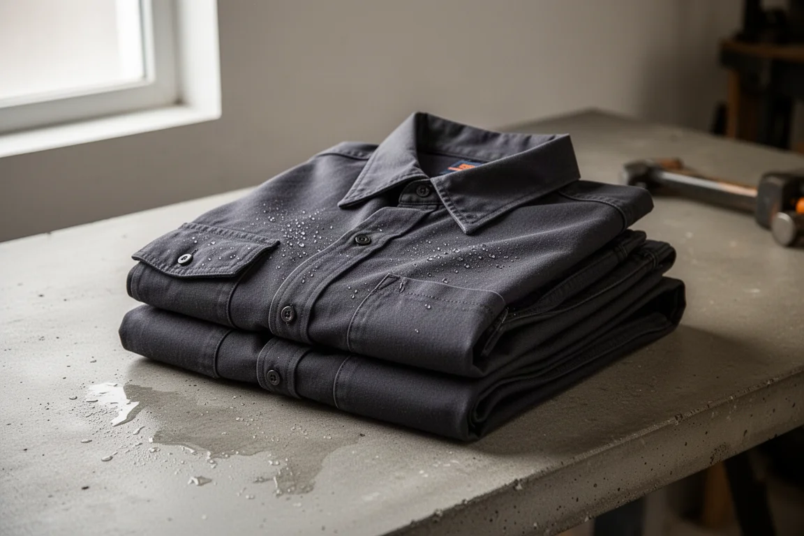 Flame resistant work shirt and pants folded on a concrete workshop surface