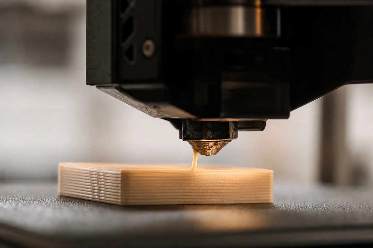 Nahaufnahme einer 3D-Druckerdüse, die Filament mit hoher Präzision extrudiert