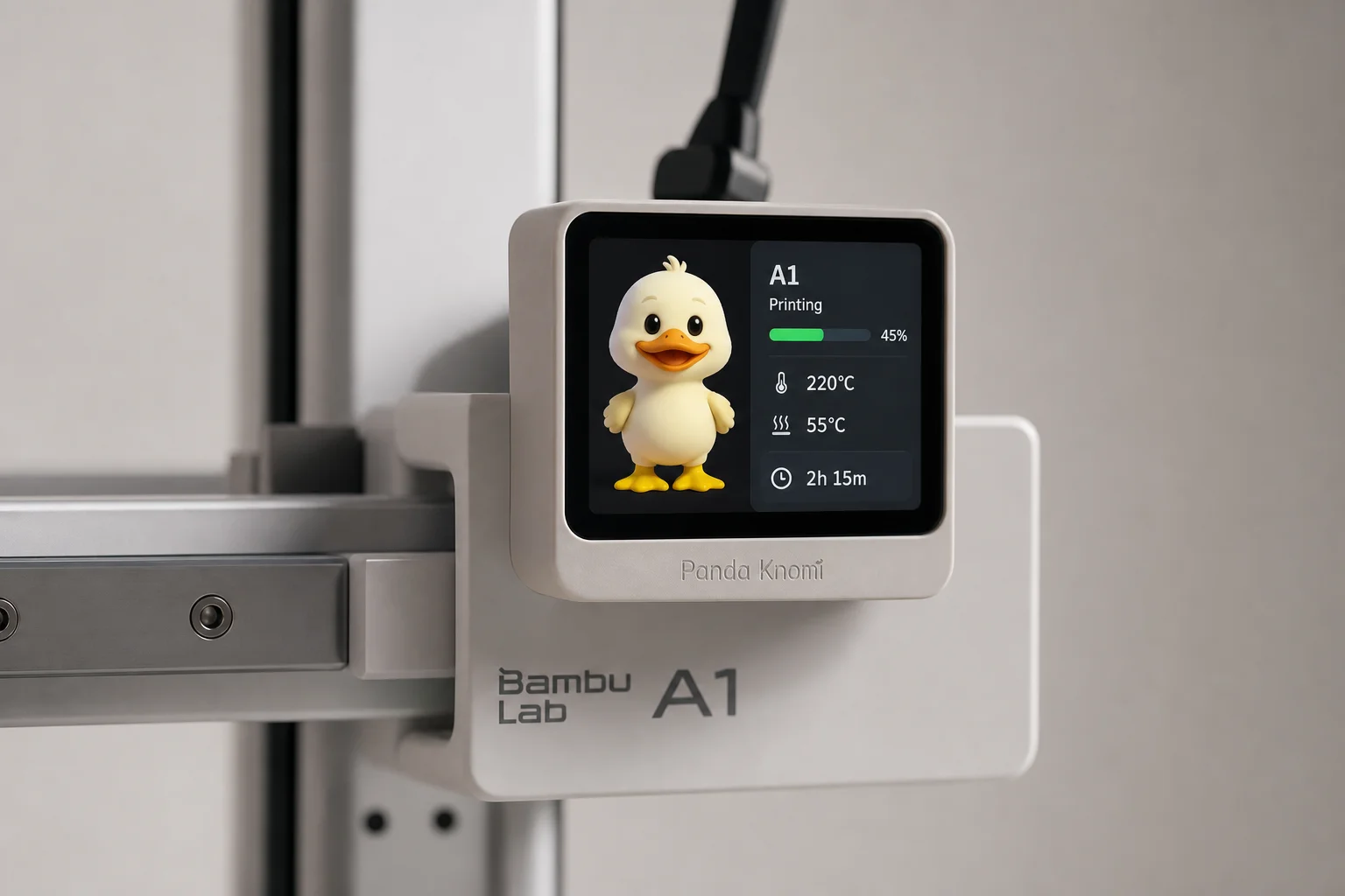 Panda Knomi Display-Bildschirm an einem 3D-Drucker montiert, der eine animierte Entenfigur zeigt