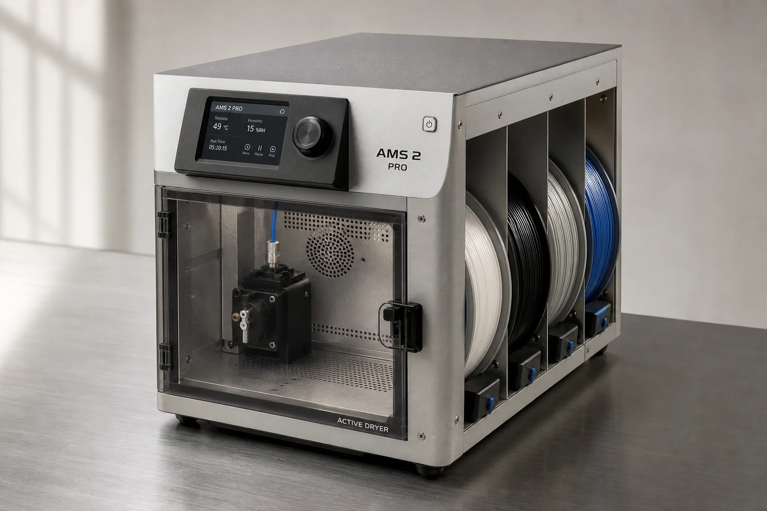Drei Bambu Lab 3D-Drucker auf einer Betonfläche, die den Größenunterschied verdeutlichen