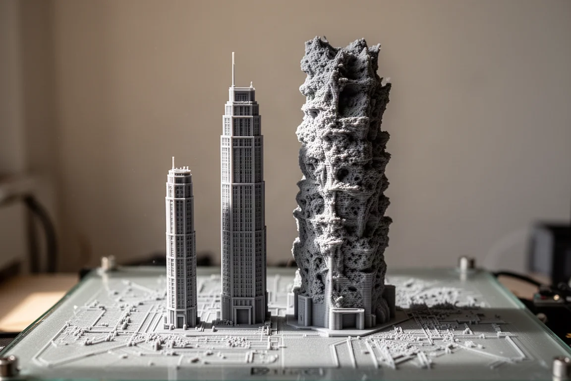 Duas torres de priming de tamanhos muito diferentes lado a lado na mesa de impressão