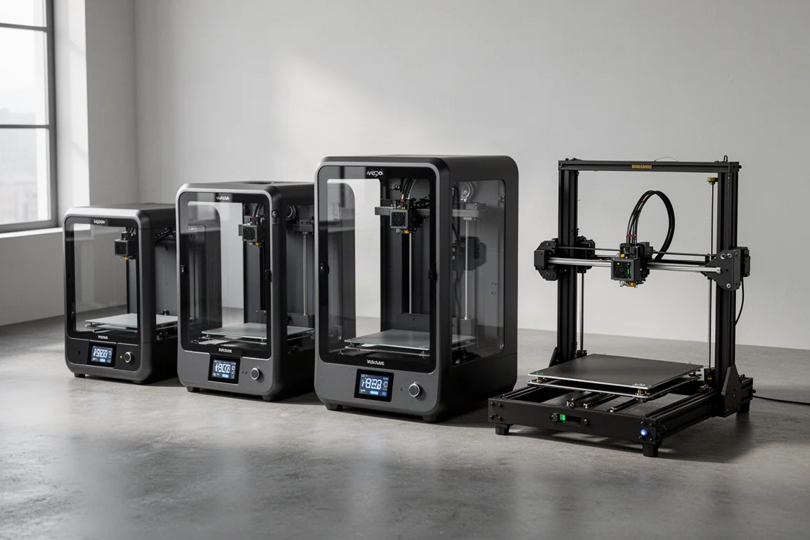 Row of Bambu Lab 3D printers of varying sizes in a studio