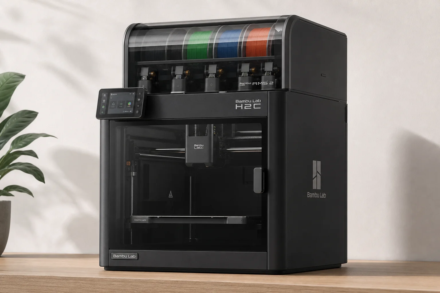 Collection of modern 3D printers on neutral background